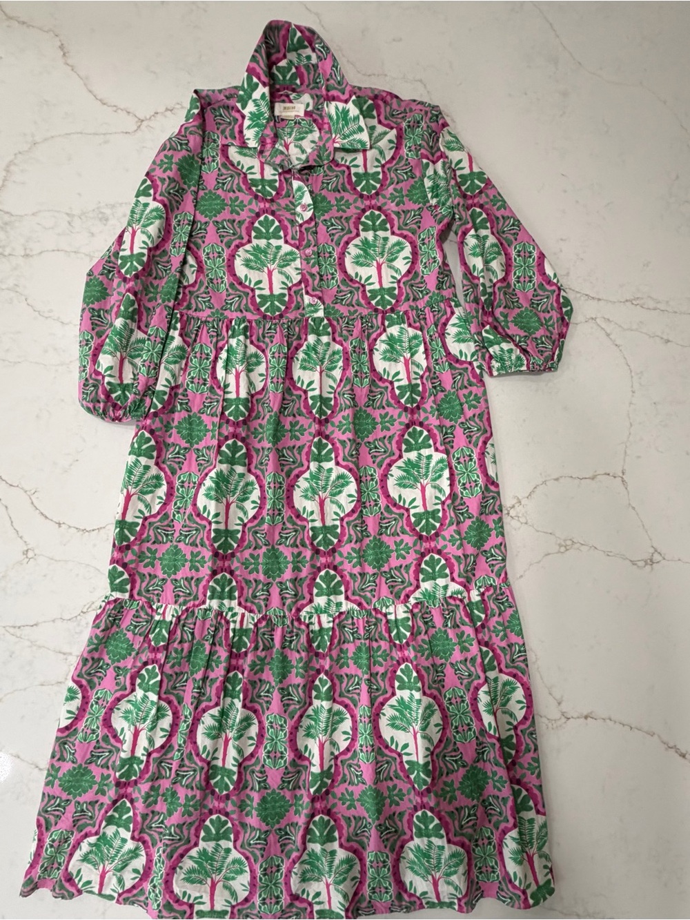 Maeve Anthropologie Pink Green Tropical Maxi Shirt Dress M